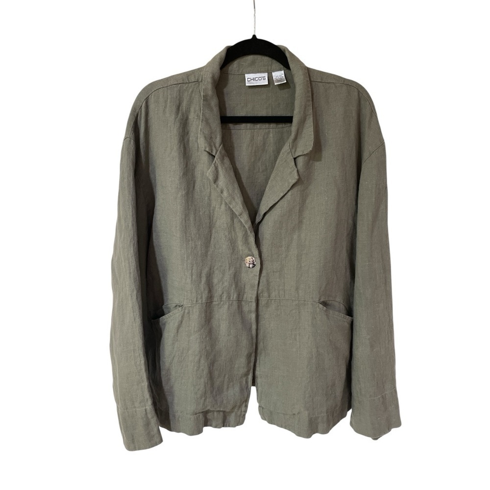 Chico’s Women’s Blazer Jacket Size 3(XL) 100% Linen Green Single Button
